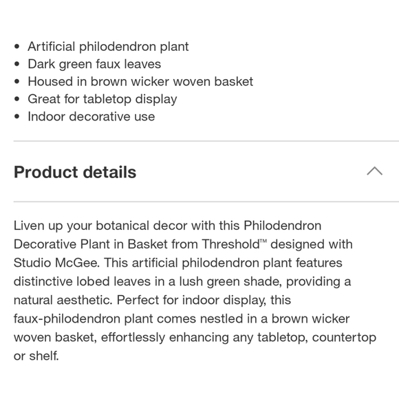 Studio McGee NWT Faux Philodendron Decorative Plant in Wicker Basket 18"H - Picture 5 of 6